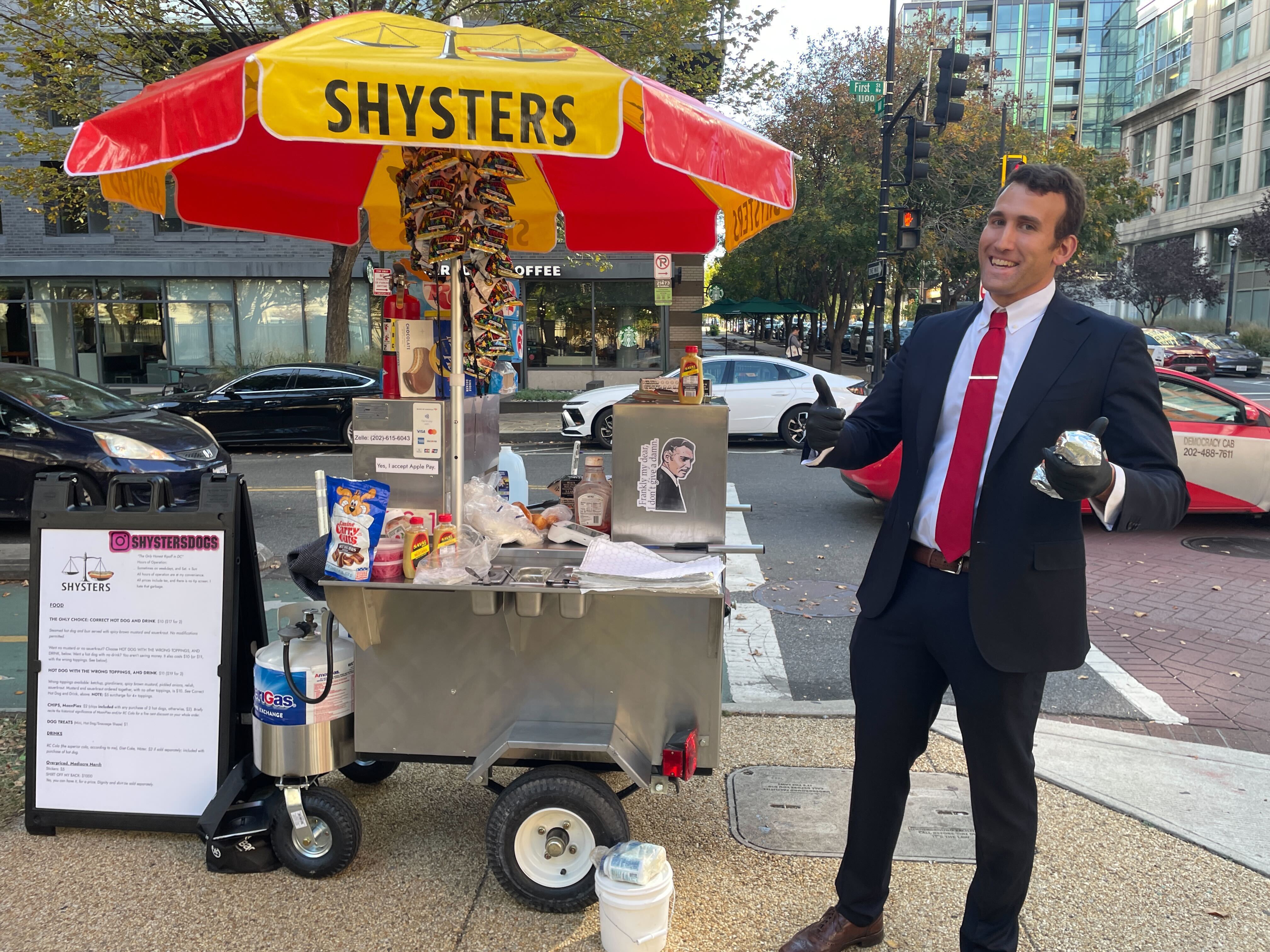 Isaac Stein stands outside "Shysters Dogs" on Sunday, October 26, 2025.